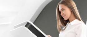 A woman at the front desk